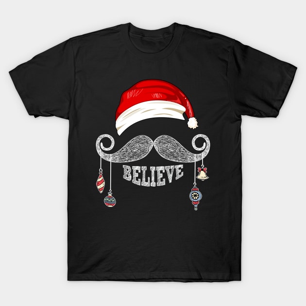 Believe Christmas Santa Mustache with Ornaments T-Shirt by Dibble Dabble Designs